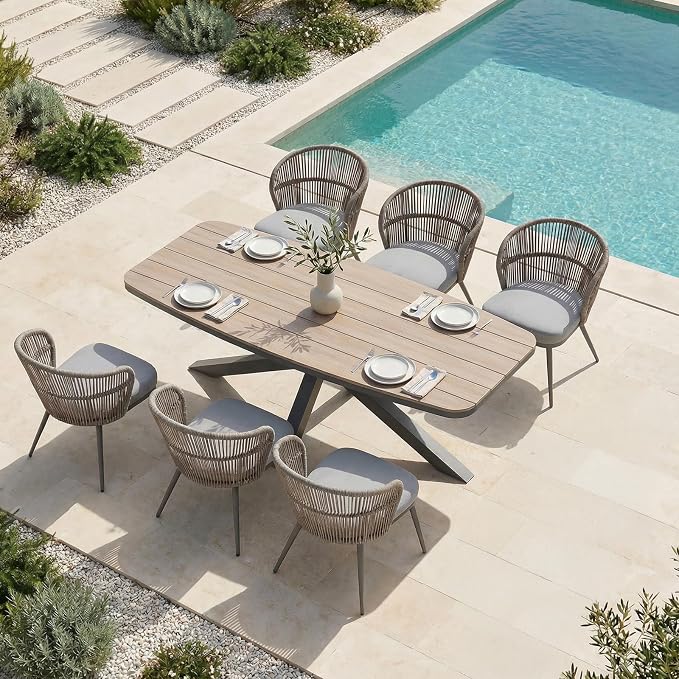 SUNSITT 7 Piece Outdoor Patio Dining Set, Patio Dining Furniture Set with 87” Aluminum Dining Table w/X Base Legs and 6 Woven Wicker Outdoor Patio Chairs w/Removable Cushions for Garden, Dark Grey