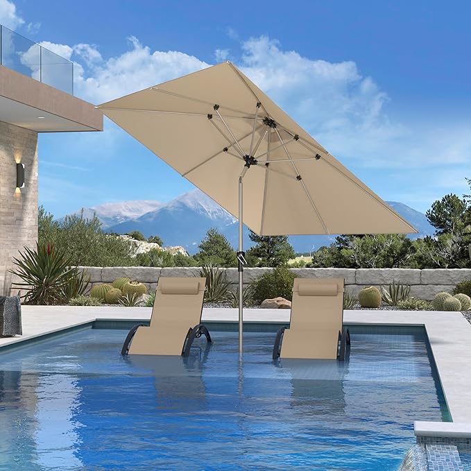 PURPLE LEAF 8' x 8' Square Patio Umbrella with Tilt Adjustment, Outdoor Table Umbrella Champagne Aluminum Frame, Market Umbrella Pool Umbrella for Deck Garden, Patio, or Lawn