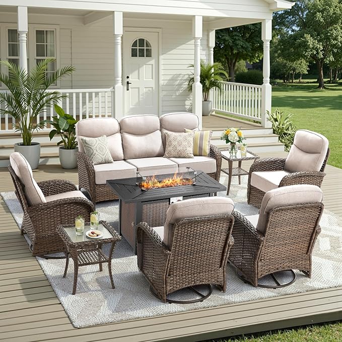 8 Pieces Luxury Patio Furniture Set with 42.5" Fire Pit Table, 6-Inch Thick Cushions Wicker Outdoor Furniture with Outdoor Rocking Chairs Set of 4, Outdoor Patio Conversation Set for Garden, Beige