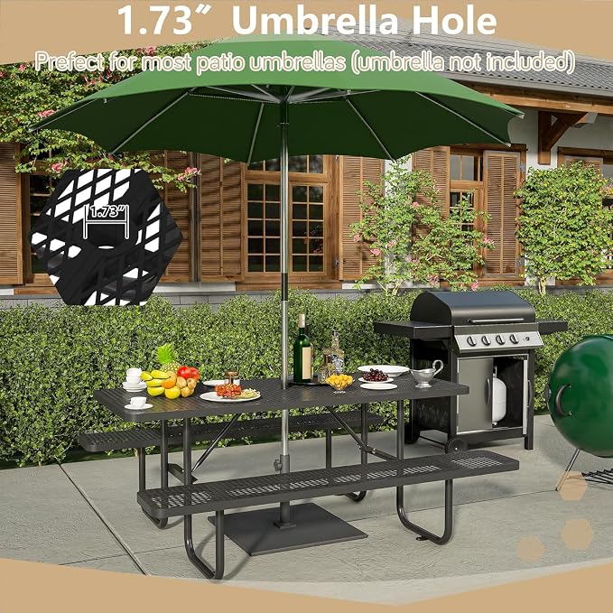 Coated Steel Heavy Duty Picnic Table for Outdoors 2200 lbs Load, Rectangular Camping Table with 1.78" Umbrella Hole, Commercial Picnic Table with Benches, Black