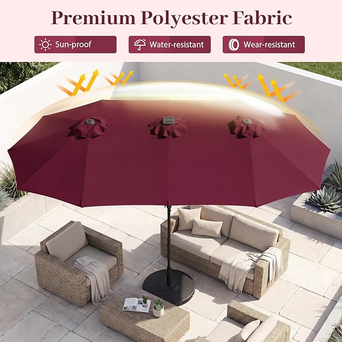 Tangkula 13 Ft Solar Patio Umbrella, Double-Sided Extra Large Outdoor Market Table Umbrella with 36 LED Lights, Crank Handle, 12 Sturdy Ribs for Poolside, Garden & Backyard (Burgundy)