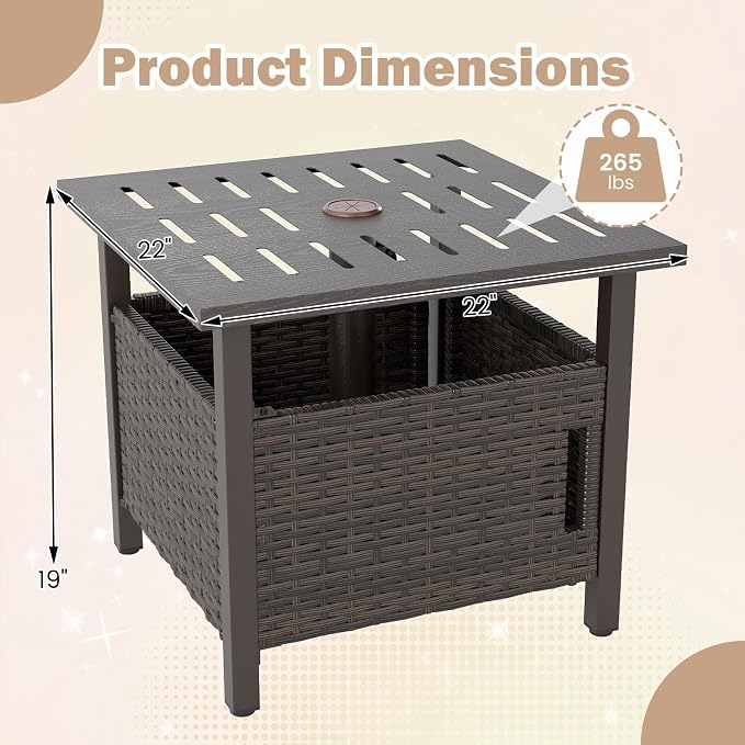 Outdoor Side Table with Umbrella Hole, Umbrella Table with Zinc-Iron Alloy Tabletop, 2 Sand Bags & Single-Door Cabinet, 22" Wicker End Table for Patio, Garden, Porch, Poolside(Mix Brown)