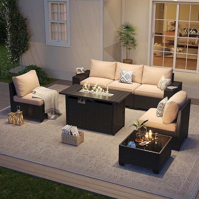 Aoxun Patio Furniture Set with 44'' Fire Pit Table, 7 Pcs Outdoor Patio Furniture Sets with 4in Thicken Cushion, Widen Armrests Wicker Outdoor Sectional for Backyard