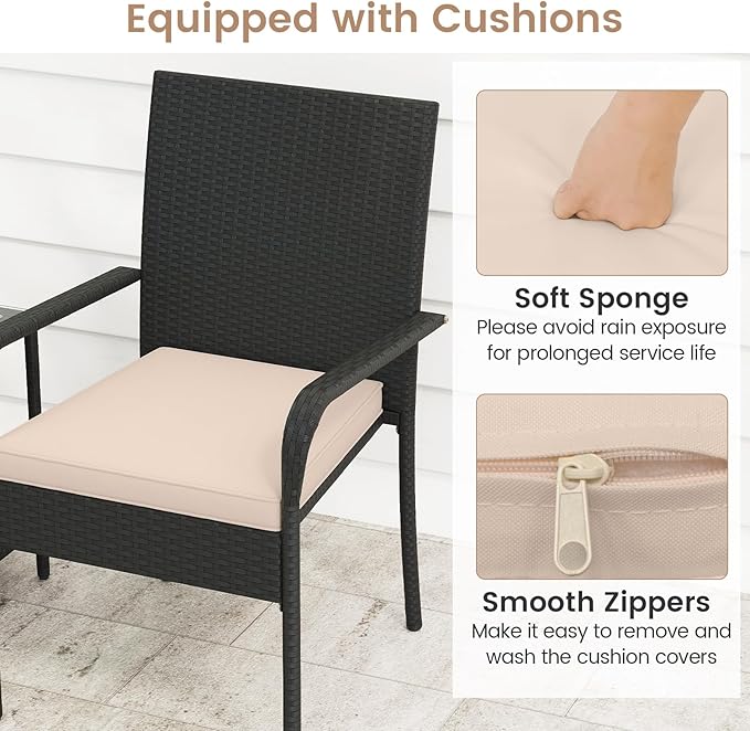 Tangkula 3 Pieces Patio Furniture Set, PE Rattan Outdoor Cushioned Conversation Chairs with 2-Tier Tempered Glass Tabletop Table, for Balcony, Garden and Poolside (Beige)