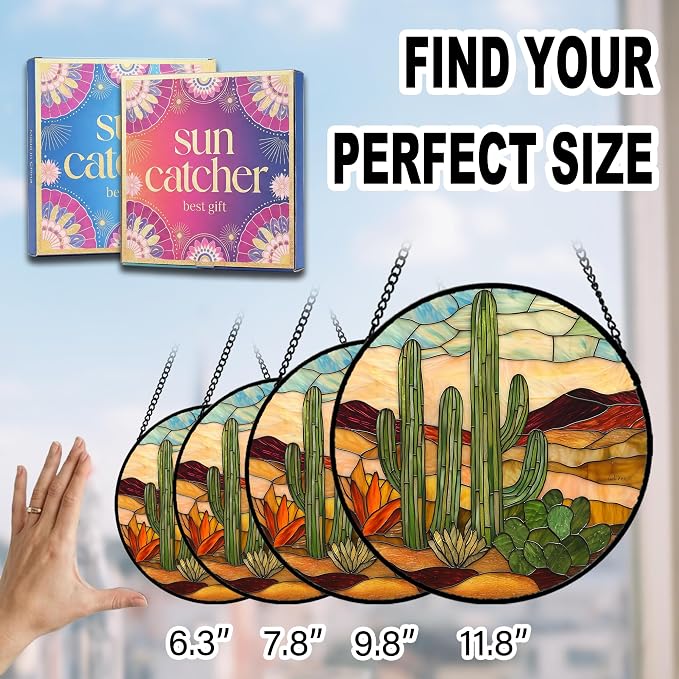 Birthday Gifts for Women - Desert Cactus Faux Stained Glass Window Hanging Sun Catcher for Door Garden Acrylic Home Decor Mother's Day Christmas for Mom Nana Friend Grandma Wife 6.3"