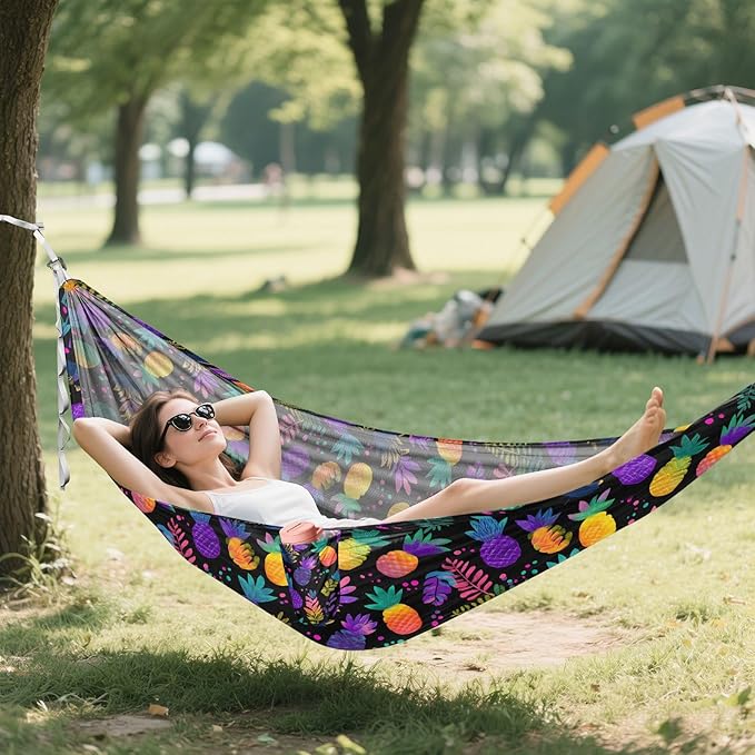 Camping Hammock Outdoor Hammocks for Outside Colorful Pineapple Neon Beach Trees Portable Lightweight with Pockets Tree Straps Indoor