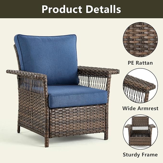 Outdoor Patio Chairs Wicker Chair - 2 Piece Rattan Patio Furniture Chairs Set with Sturdy Frame,All-Weather PE Wicker and Comfortable Cushions for Outside Porch Deck Balcony(Brown/Blue)