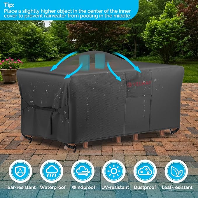 Velway Patio Furniture Cover Waterproof - Heavy-Duty 500D Upgraded Tear-resistant Outdoor Table Chair Set Cover with Windproof Buckles&Large Air Vent Anti-UV Rectangle Furniture Covers 67"x37"x28"
