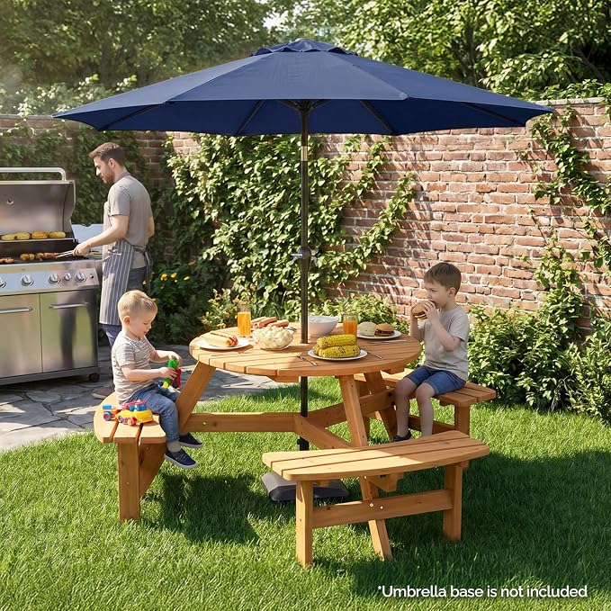 VINGLI Wood Picnic Table Outdoor Round Picnic Table with 7.5ft Umbrella and 4 Built-in Benches, Outdoor Dining Tables and Chairs 550 LBS Bench Capacity (Navy, Square)