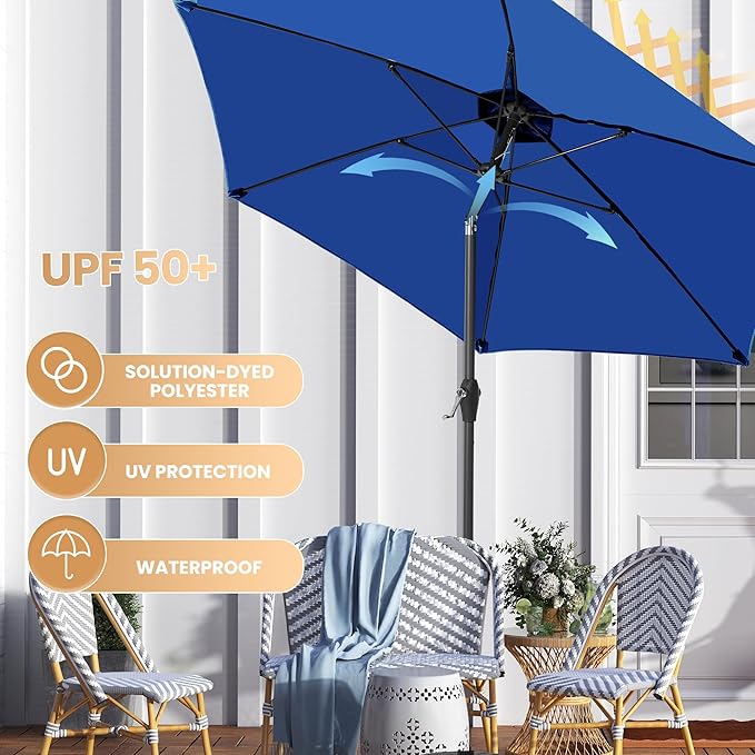 Ayge 7.5FT Large Outdoor Patio Umbrella Market Table Umbrella-UV Resistant, Easy Push Button Tilt and Crank, 6 Sturdy Fiberglass Ribs Heavy-Duty Pool Umbrella for Deck, Backyard,Garden, Yard,Blue