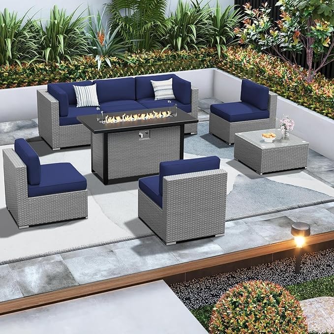SUNCROWN 8-Piece Patio Furniture Set with Fire Pit Table, Outdoor Sectional Sofa, Grey Wicker Conversation Sofa Set with Coffee Table & Cushions, Dark Blue