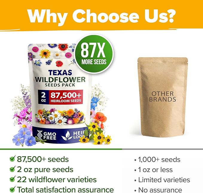 HOME GROWN Texas Wildflower Seeds Bulk Mix | 87,500+ Non-GMO Perennial Flower Seed for Attracting Bees, Birds & Butterflies | 22 Varieties for Full Sun & Shade Gardens | 2 oz