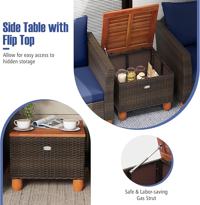 Tangkula 3-Piece Patio Furniture Set, Patiojoy Outdoor PE Wicker Bistro Set with Soft Cushions and Solid Acacia Wood, Outdoor Conversation Set with Porch, Balcony and Garden (Navy)