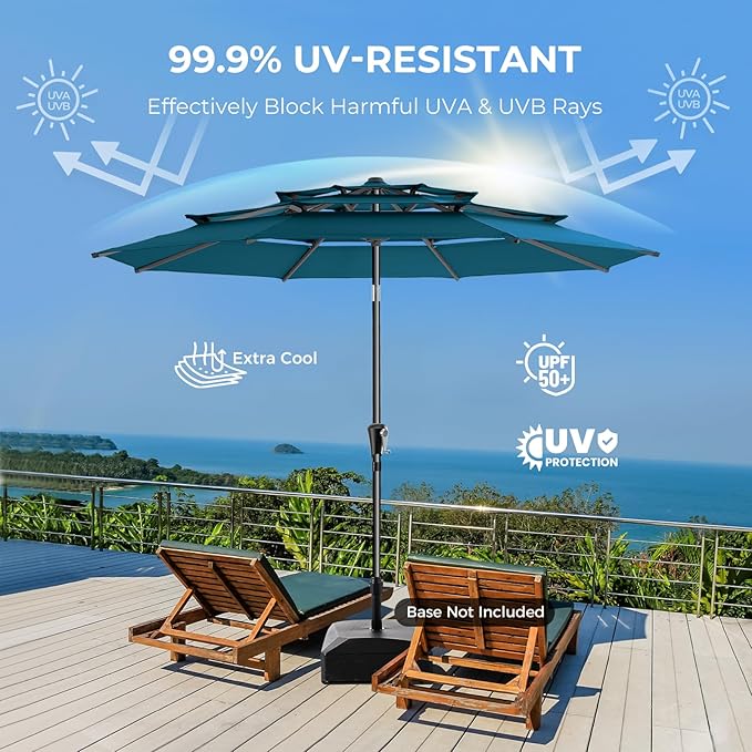 HOMSHADE 9FT 3-Tiers Outdoor Patio Umbrella with 5-Year Fade Resistant,Vented Outdoor Commercial Market Umbrella with UPF50+ UV Protection & Push Button Tilt and Crank for Pool,Backyard(Peacock Blue)