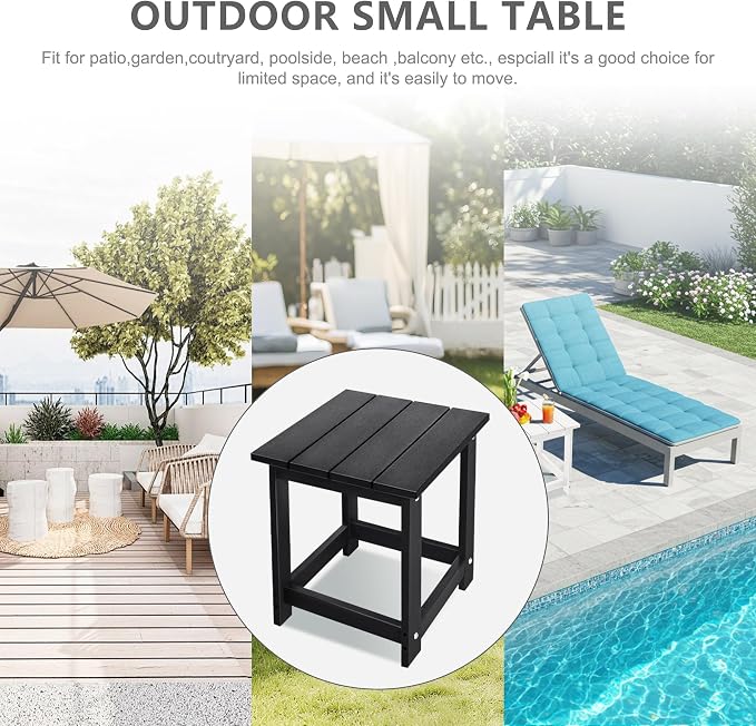 LZRS Patio End Table, Heavy Duty HDPE Outdoor Coffee Table with Wood Texture, Weatherproof Composite Table for Adirondack Chairs, Deck, Pool, Indoor/Outdoor, No Peeling or Cracking(Black)
