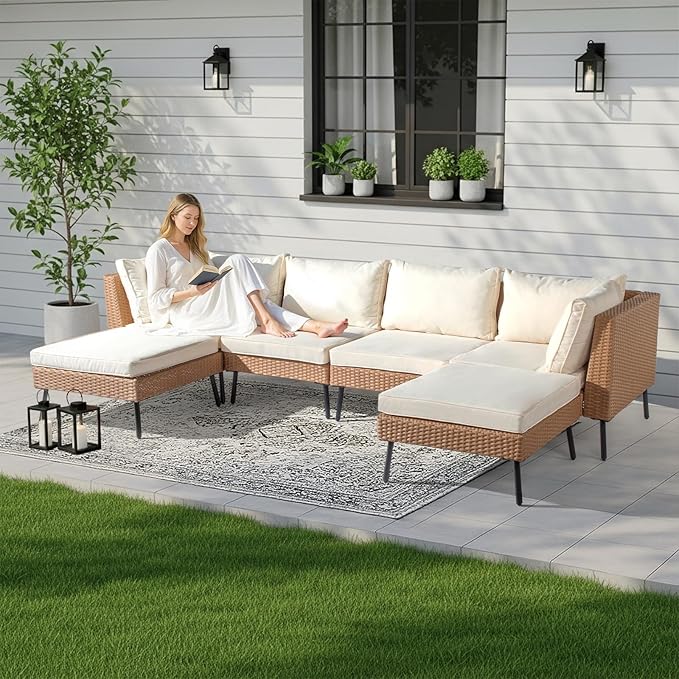 Outvita 6 Pieces Patio Furniture Set, All-Weather Outdoor Sectional Patio Sofa PE Rattan Manual Weaving Wicker Conversation Set with Ottoman & Adjustable Feet & Pillow & Seat Cushion, White & Yellow