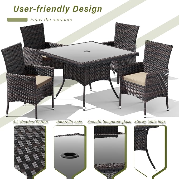 5 Pieces Outdoor Patio Dining Set,Patio Table and Chairs Rattan Outdoor Patio Furniture Set with Umbrella Hole,Dining Table Set for 4 with Chairs for Backyard,Garden and Kitchen,Brown
