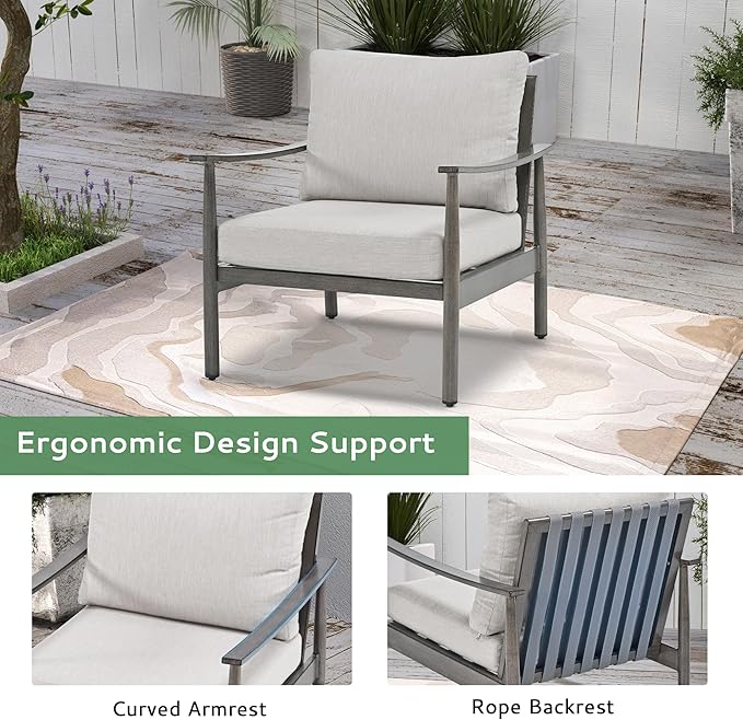 4 Pieces Patio Furniture Set, Aluminum Outdoor Patio Furniture Sets, 2 Armchairs and Loveseat with Thick Cushion, Patio Conversation Set for Backyard Deck Poolside, Greige & Grey