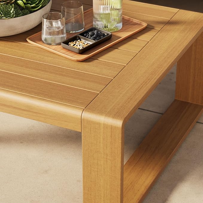 Modway Lirienne Aluminum Faux Wood Outdoor Coffee Table in Natural - 47 Inch Weather-Resistant Modern Rectangle Patio Table with Slatted Top