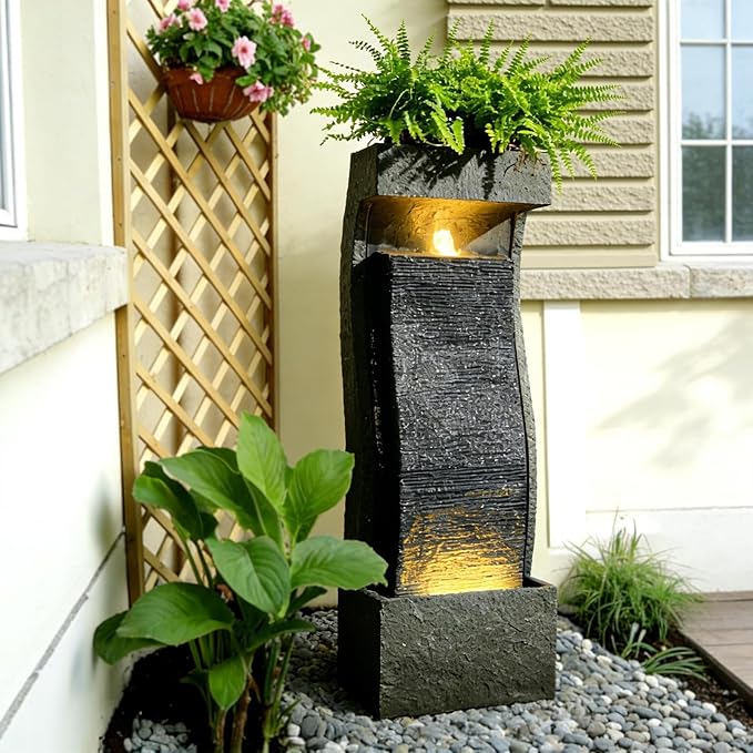 Sunlinua 35H Modern Outdoor Water Fountain with Warm Light Garden Cascading Waterfall Feature for Indoor or Outdoor Cascading Waterfall for Relaxing Garden Patio Backyard Deck Porch or Home Décor