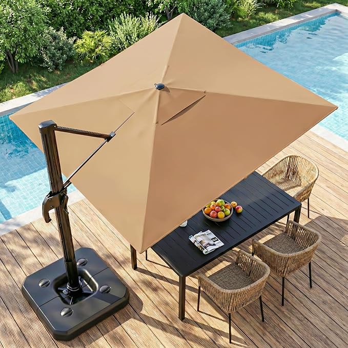 LAUSAINT HOME Cantilever Patio Umbrella, 360° Rotating Offset Umbrella with Aluminum Frame, Large Square Sunshade for Backyard, Pool, Deck, Lawn (Square, Khaki)