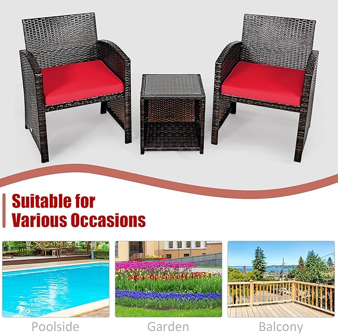 Tangkula 3-Piece Outdoor PE Rattan Furniture Set, Patio Conversation Set w/Chair & Storage Coffee Table, Detachable Cushion, Stable X-Shaped Frame, Perfect for Garden, Backyard, Poolside (Red)