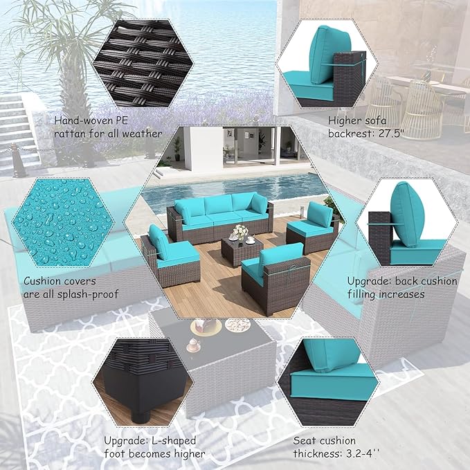 ALAULM 7 Pieces Patio Furniture Set Wicker Patio Conversation Set, Outdoor Sectional Furniture w/Coffee Table & Washable Seat Cushions-Blue