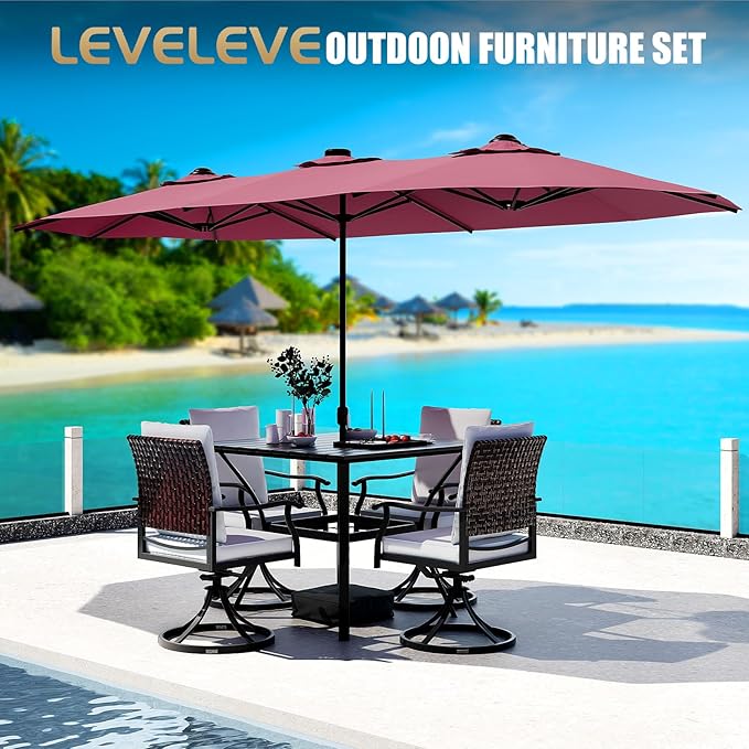 LEVELEVE 15FT Double-Sided Patio Umbrella with Base Included, Large Outdoor Rectangular Market Umbrella for Backyard, Poolside, Lawn & Garden,Red
