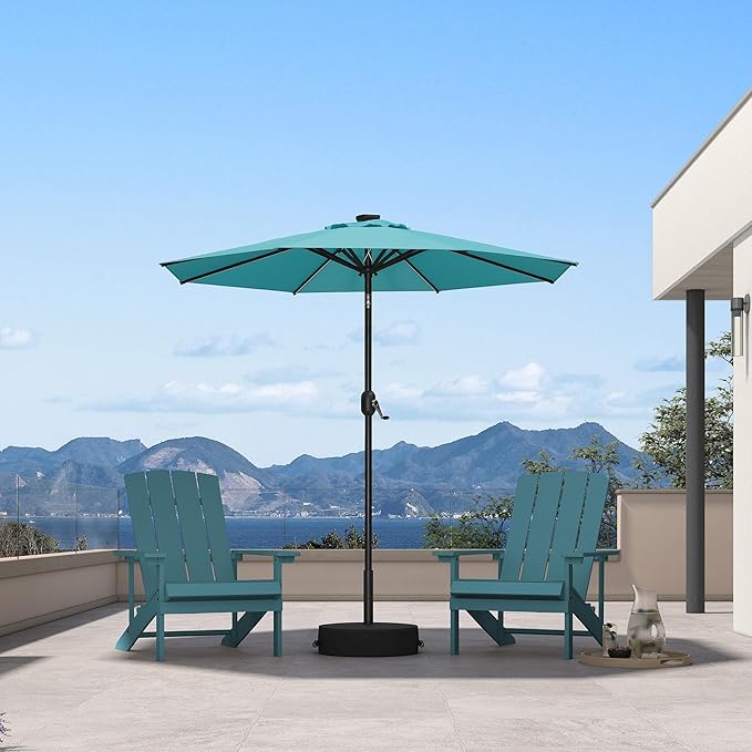 PURPLE LEAF 7.5' Round Patio Umbrella with Solar LED Outdoor Table Umbrella Aluminum Frame Market Umbrella with 8 Sturdy Ribs & Tilt for Garden Deck Lawn Pool Turquoise Blue