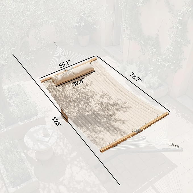 Outsunny Outdoor Hammock, 2-Person Hammock with Head Pillow and Pad, Wood Spreader Bars, 440 lbs Capacity, for Patio Yard Garden, 128" x 55", Cream White
