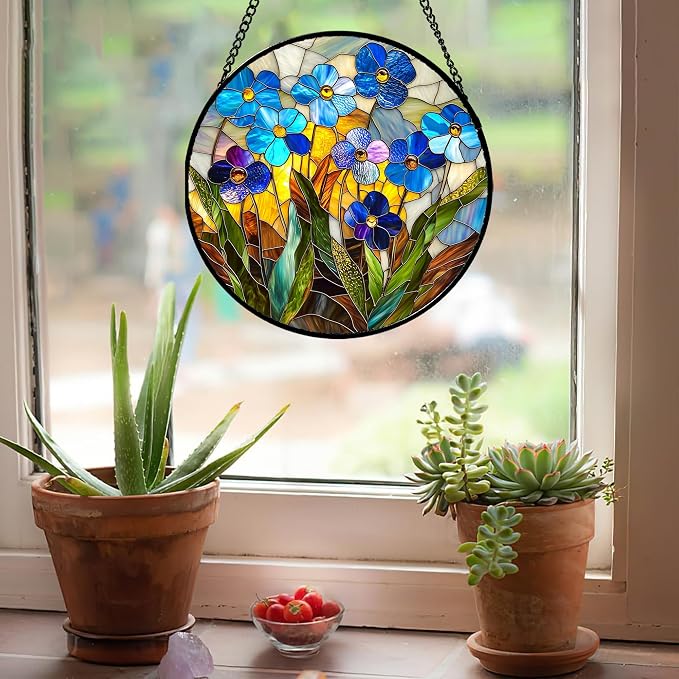 Stained Glass Window Hanging - Blue Wildflower Plant Flowers Sun Catcher for Door Garden Home Decor Suncatcher Christmas Mother's Day Birthday Gifts for Women Men Mom Nana 15 in
