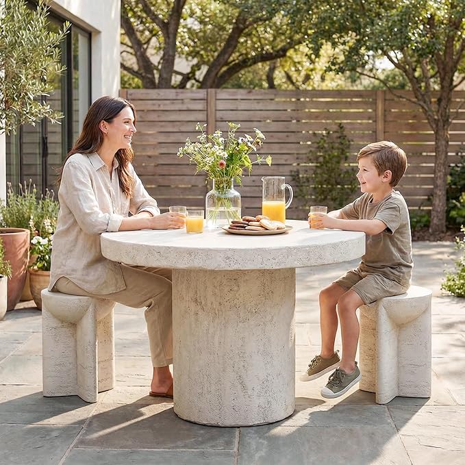 COSIEST Outdoor Side Table White, MgO Concrete Side Table, Lightweight Outdoor Accent Table with Faux Natural Slate Rock, Cylinder Patio Table Top Plant Stand for Garden and Deck