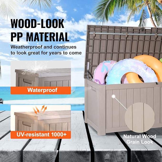 VEVOR Deck Box, 120 Gallon Outdoor Storage Box, 56.3" x 26.6" x 23.8", Waterproof PP Deckbox with Aluminum Alloy Padlock, for Patio Furniture,Garden Tools, Outdoor Cushions, Gray