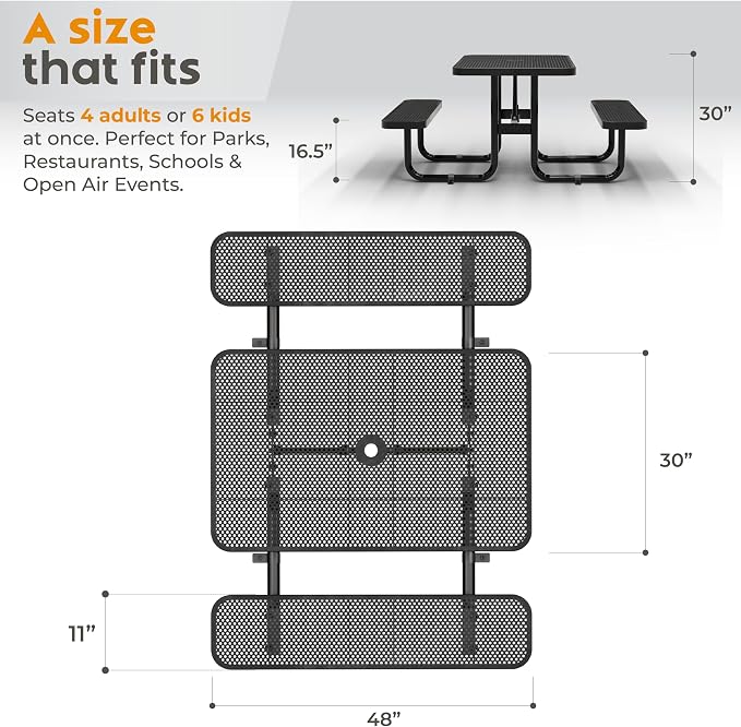 Commercial Heavy-Duty Metal Picnic Table - ADA Compliant, Adjustable Seats, Umbrella Hole (Black, 4' Rectangular, Punched Steel)