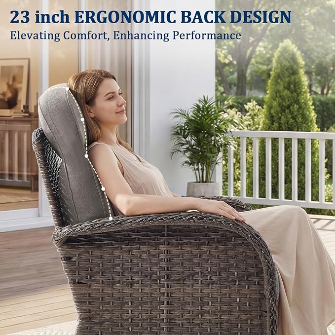 Outdoor Swivel Rocking Chair Patio Set (6-Piece), High-Back - Thick Cushion Swivel Rocking Chair Patio Set, All-Weather Wicker Patio Furniture Set, Suitable for Balcony Patios, Brown/Gery