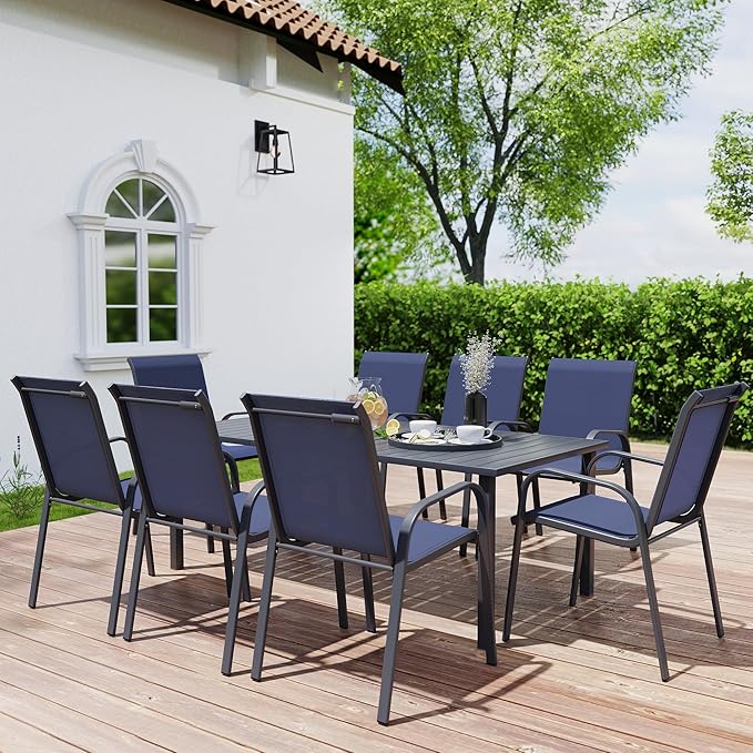 HAPPATIO Outdoor Patio Dining Set, 8 Quick Dry Textilene Dining Chairs and Dining Table with Umbrella Hole, Stackable Textilene Chairs for Garden, Patio and Poolside Backyard, Blue