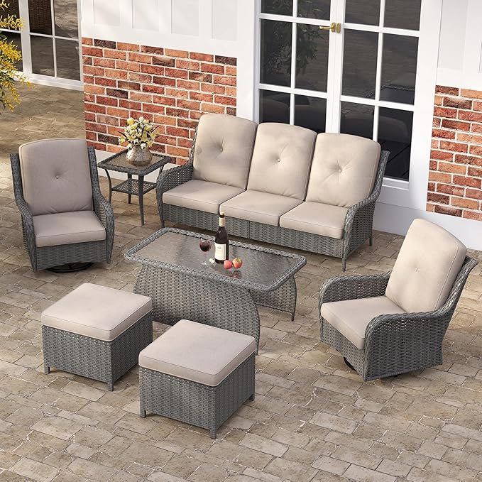 Kinsuite 7 PCS Patio Furniture Set, Outdoor Conversation Sets with Swivel Chairs & Ottomans, All-Weather Gray Wicker Sectional Sofa with Thicken Cushions for Garden, Lawn, Deck, Backyard, Khaki