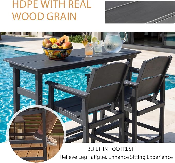 2 Pack Outdoor Bar Stools, HDPE Patio Bar Chairs with Armrests & Footrest, Weather Resistant All-Weather Counter Height Chairs for Outdoor Deck, Backyard, Poolside,Grey