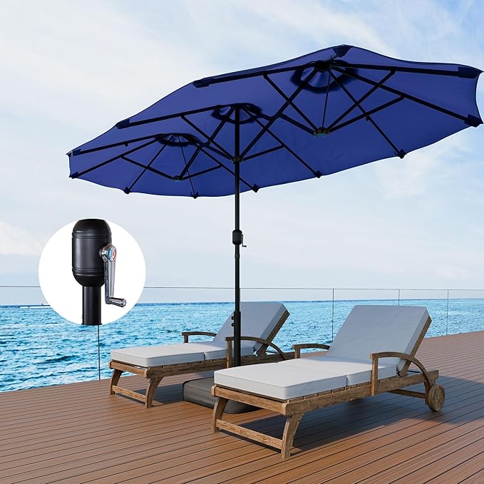Shintenchi 13FT Large Patio Umbrella with Base Included, Outdoor Double-Sided Rectangular Shade with Crank Handle for Poolside Lawn, Deck & Garden, Dark Blue