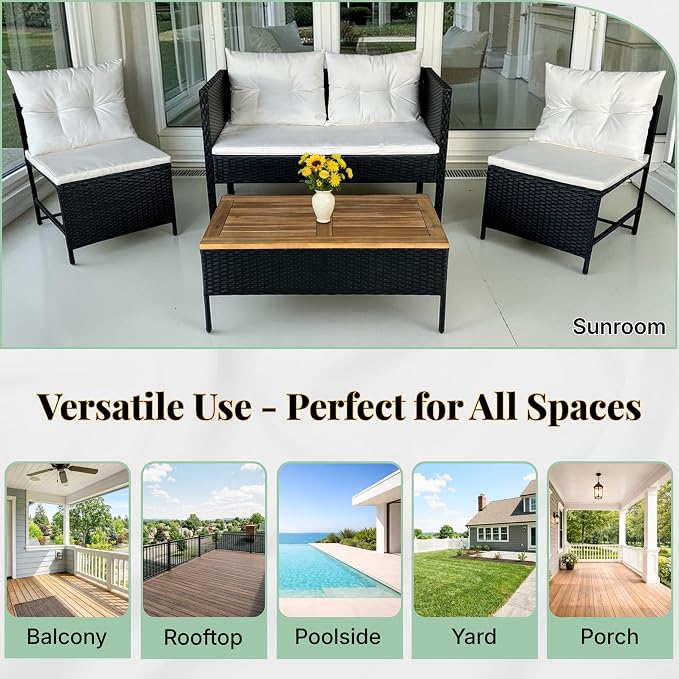 GIANGSUNNY 4 Piece Patio Furniture Set with Acacia Wood Table, Outdoor Hand-Woven Wicker Rattan Conversation Set, Weather-Resistant Seating for Patio, Balcony, Porch, Garden (Black)