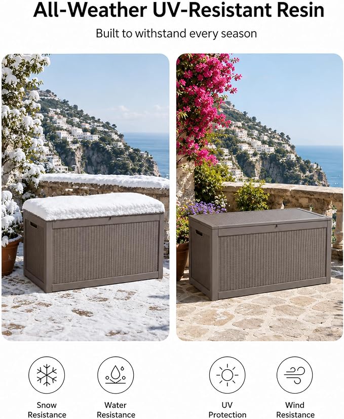 MAKINO 325 Gallon Extra Large Waterproof Deck Box, Heavy Duty Resin Outdoor Storage Box, Outside Storage Bench with Hydraulic Rod for Patio/Cushions/Garden Tools/Backyard/Pool Accessories, Grey Brown