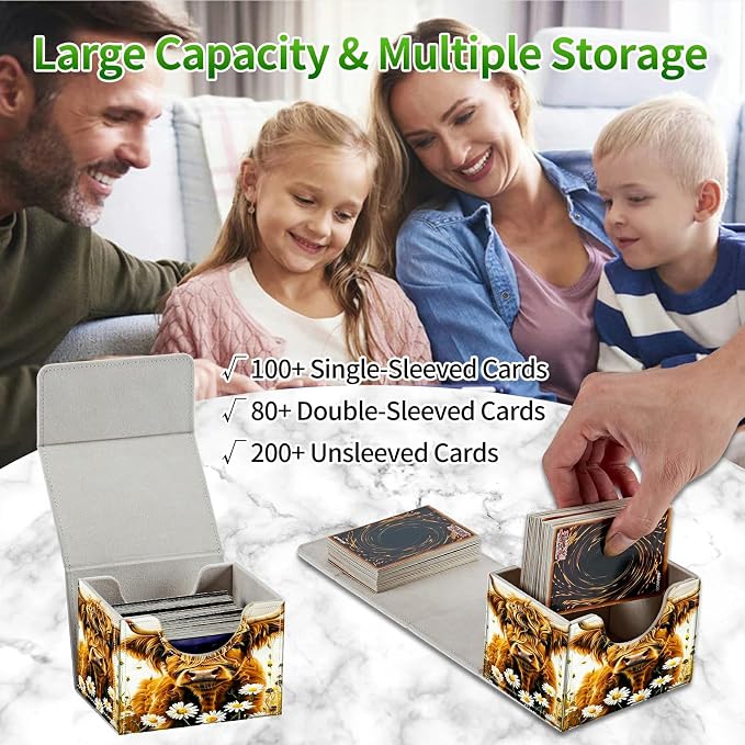 Card Deck Box for MTG, Cards Storage Box Fits 120+ Sleeved, Leather Small Size Strong Magnetic Closing Card Case for Board Games Magic TCG CCG Baseball Collection, Flower Yellow Cow
