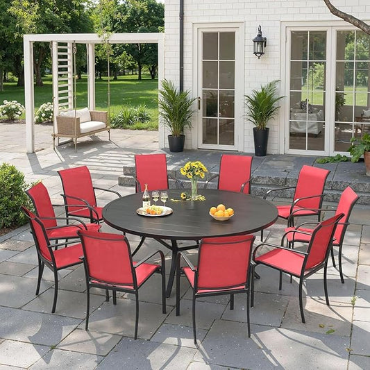 VICLLAX 11 Pieces Patio Outdoor Dining Set, 60" Round Metal Table with Umbrella Hole and 10 Stackable Textilene Chairs for Patio, Lawn, Garden, Porch, Black/Red