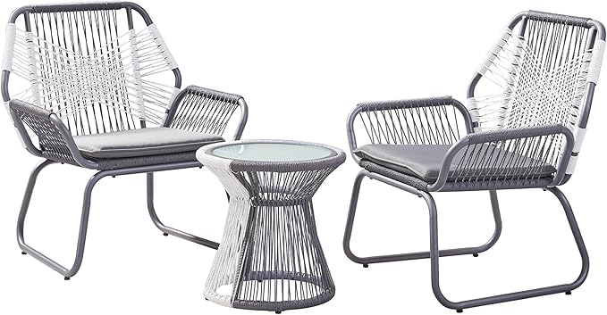 Christopher Knight Home Ava Outdoor 3 Piece Rope and Steel Chat Set, Finish, Gray/White/Gray