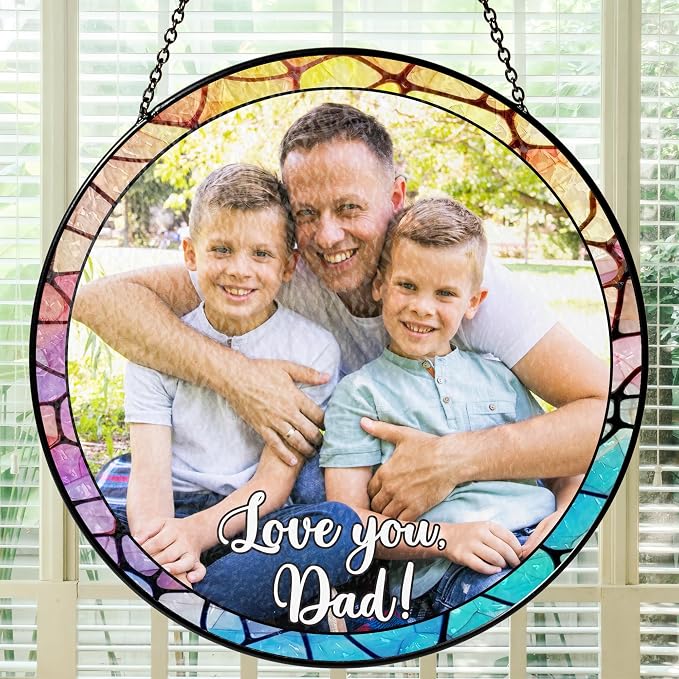 Custom Photo Stained Glass Window Hanging Suncatcher 2026, Personalized Family Picture Sun Catcher with Custom Text, Father's Day Birthday Gift for Dad, Papa, Grandpa, Husband