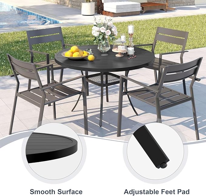 VICLLAX 5 Pieces Outdoor Patio Dining Set, Stackable Patio Chairs and Outdoor Table Set, 40.6" Round Table with Umbrella Hole and 4 Stackable Chairs for Lawn, Garden, Porch, Black