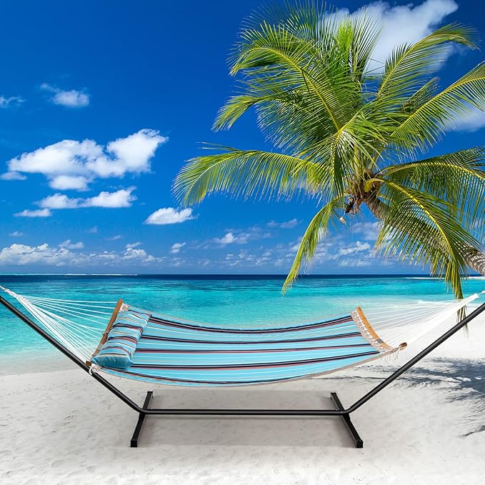Giantex Hammock with Detachable Pillow Outdoor Hanging Chair, Patio Hammock w/Curved Bamboo Spreader Bar, Steel Chain, Hammocks Swing for Backyard, Beach, Garden (Blue)