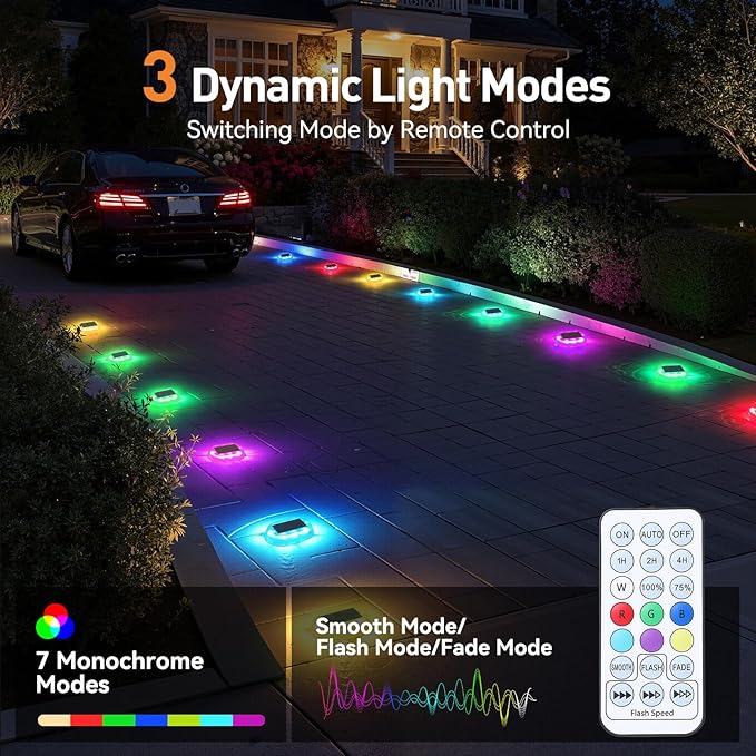 AGPTEK RGB Solar Deck Lights with Remote Control 12 Pack, One-Click Sync Group Control & 10 Light Modes & RGB Chasing, Outdoor Decorative Driveway Marker for Pathway, Dock, Step, Walkway, Yard, Garden