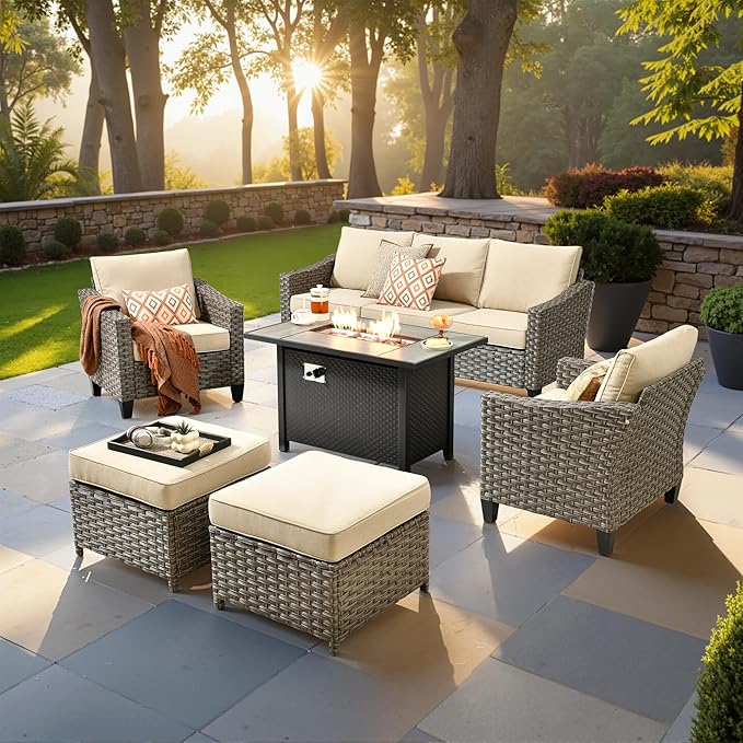 6 PCS Outdoor Patio Furniture 42in Set with Fire Pit Table, All-Weather Rattan Wicker Conversation Group with Deep Seating, Armchairs & Ottoman, High Back Comfort for Porch, Backyard, Beige