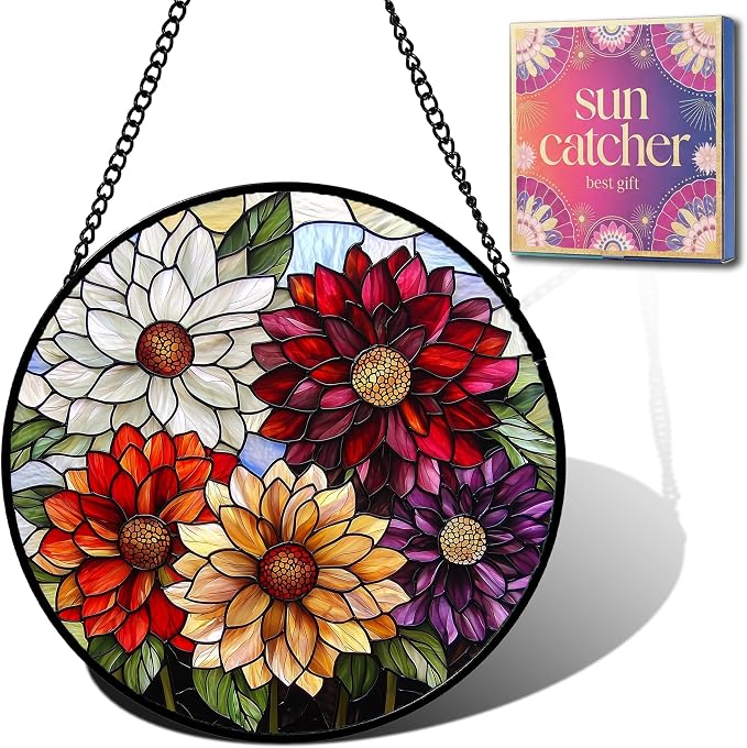 Birthday Gifts for Women - Colorful Flowers Faux Stained Glass Window Hanging Sun Catcher for Door Garden Acrylic Decor Mother's Day Christmas for Mom Nana Grandma Sisters Wife 9.8"